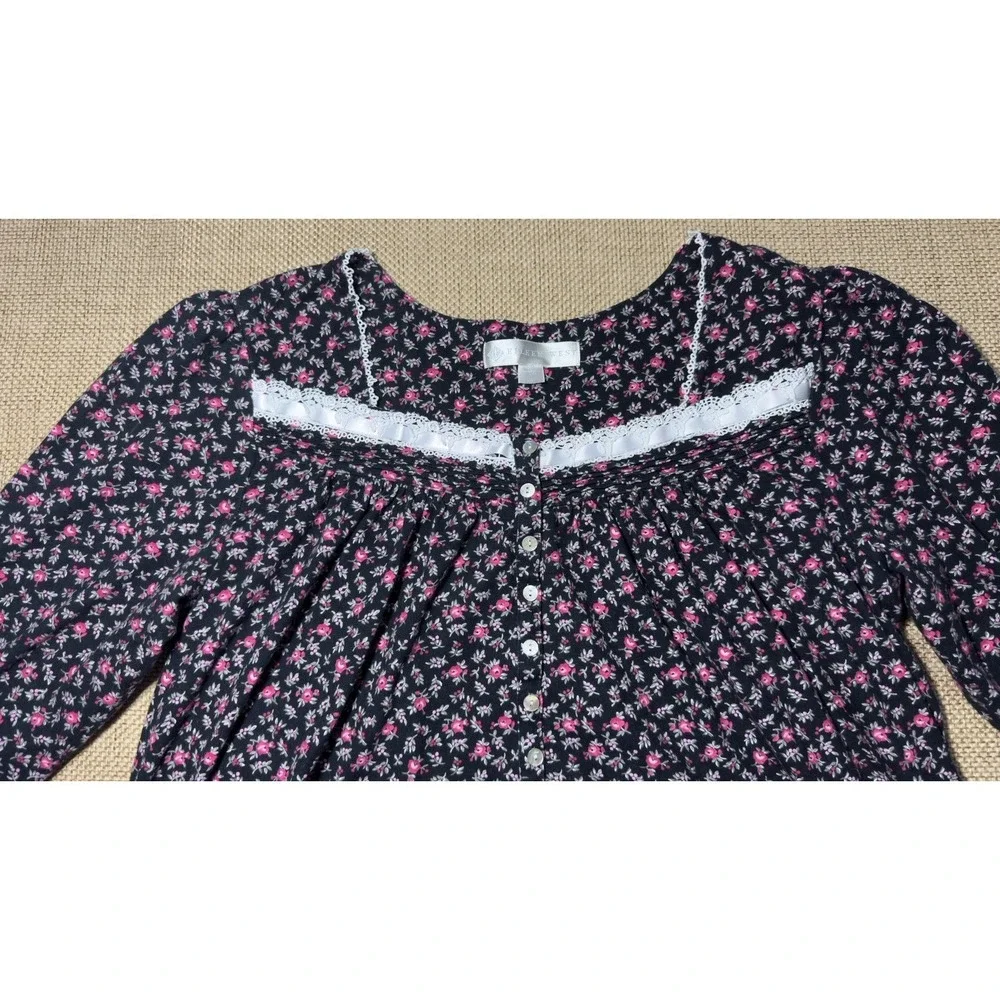 Eileen West Nightgown Womens Large Black Floral Long Sleeve Button‎ Lace Flannel